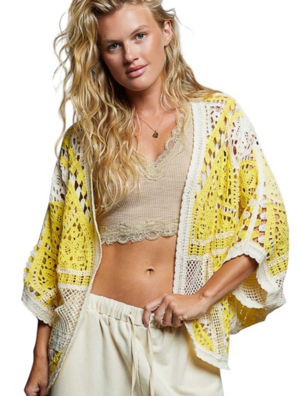 POL Bohemian Yellow and White Crochet Kimono Cardigan One Size Fit 4/16 New